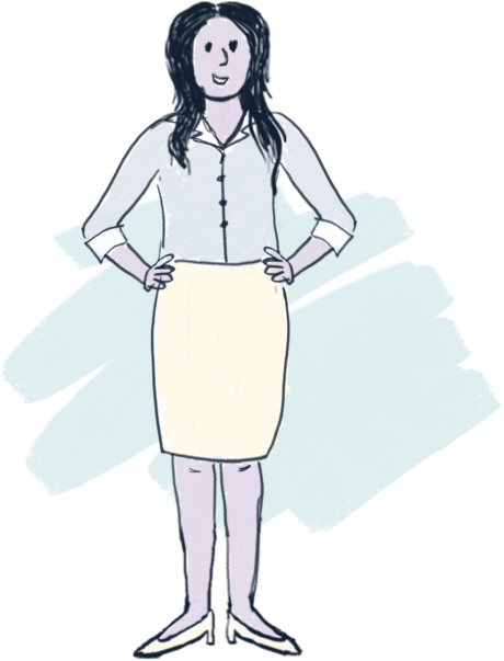 Illustrated image of a woman with long hair wearing a button-up shirt, yellow pencil skirt, and yellow high heels