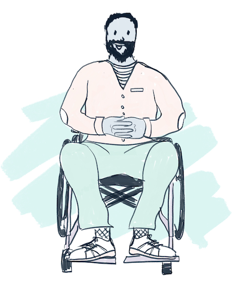 Illustrated image of a person with a beard in a wheelchair wearing an orange, long-sleeved shirt and green pants