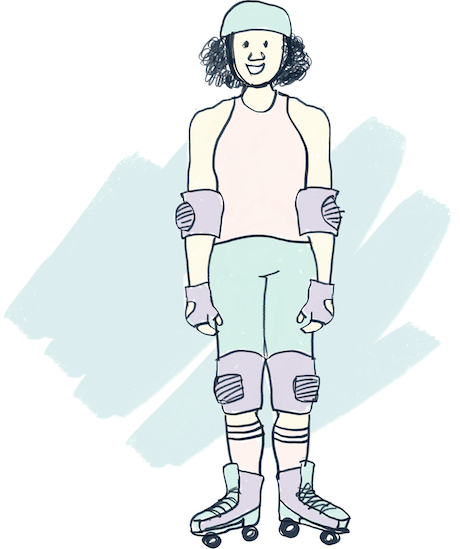 Illustrated image of a woman with curly hair wearing an orange, sleeveless shirt and green pants. She also has on a helmet, elbow pads, knee pads, and rollerskates.