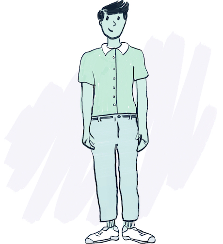 Illustrated image of a person short, spiked hair, wearing a green collared button-up and blue slacks.