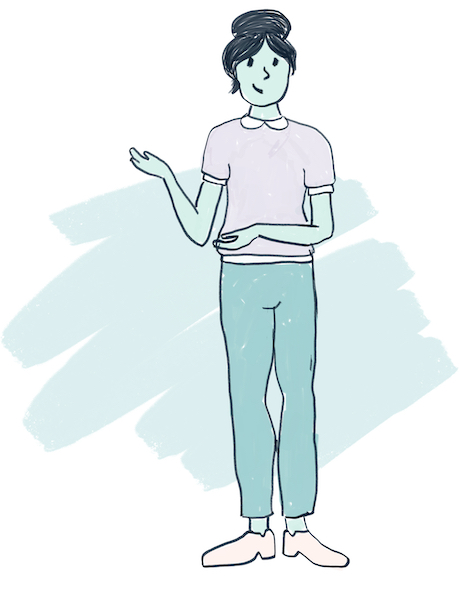 Illustrated image of a woman with a top bun, a pink collared shirt, and loose green pants