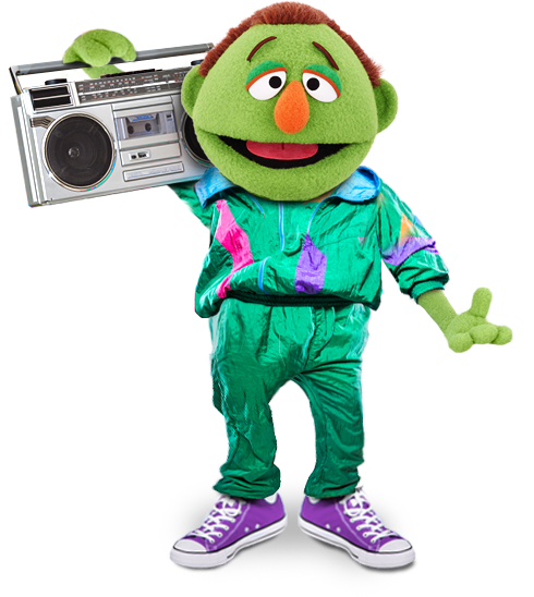 Lenny, a green puppet, wearing bright green 80's clothes and holding a boom box