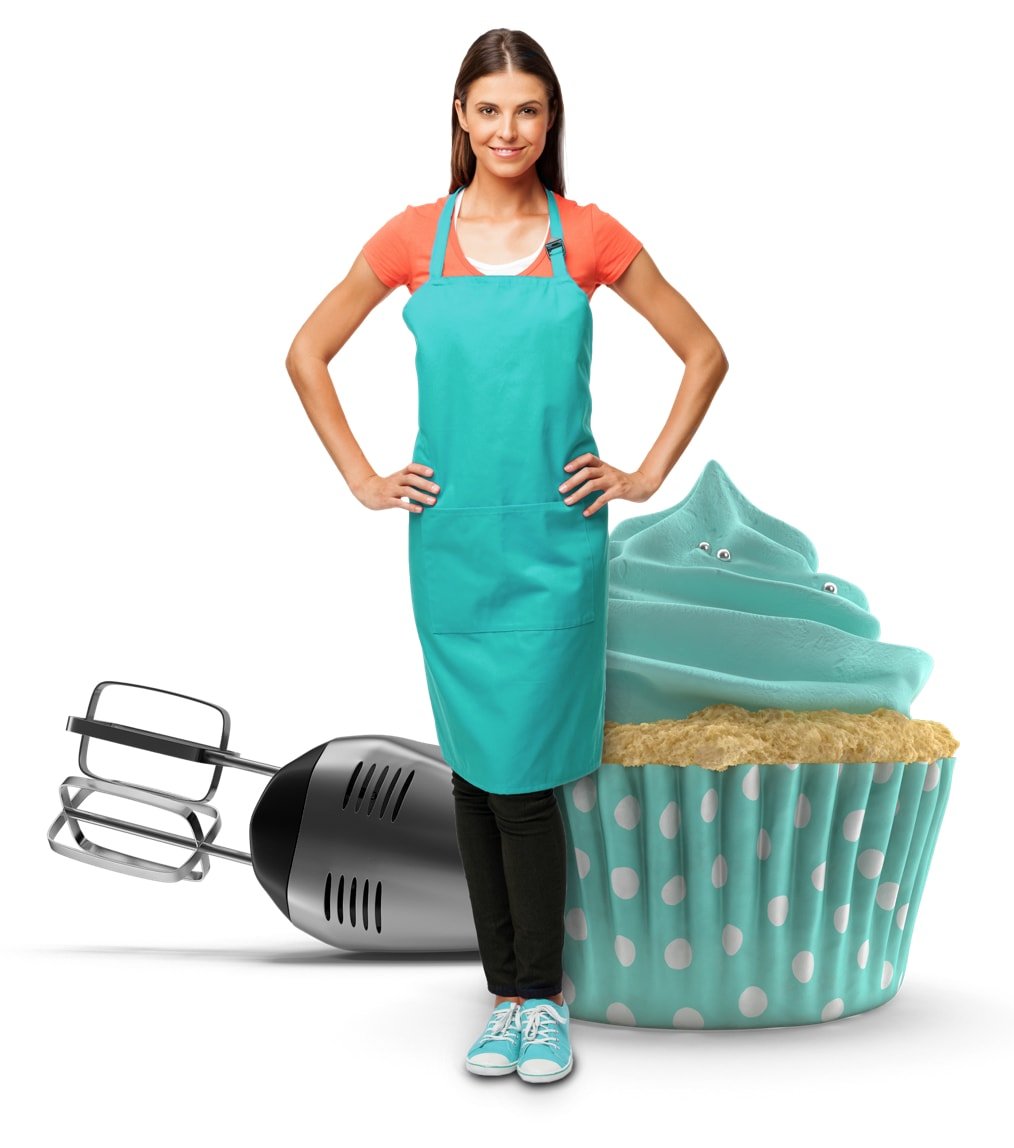 Woman with apron has cupcake and blender behind her.