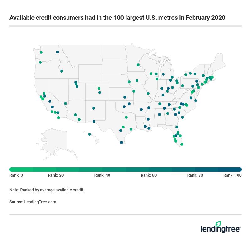 Available credit consumers had in the 100 largest U.S. metros in February 2020