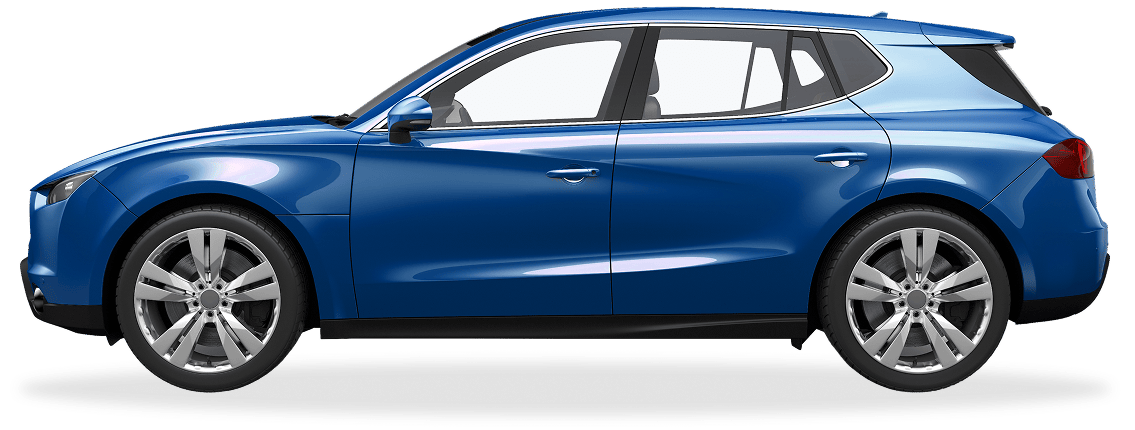 Side profile of a shiny blue car with a shadow underneath
