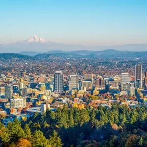 City of Portland Oregon and Mount Hood in Autumn