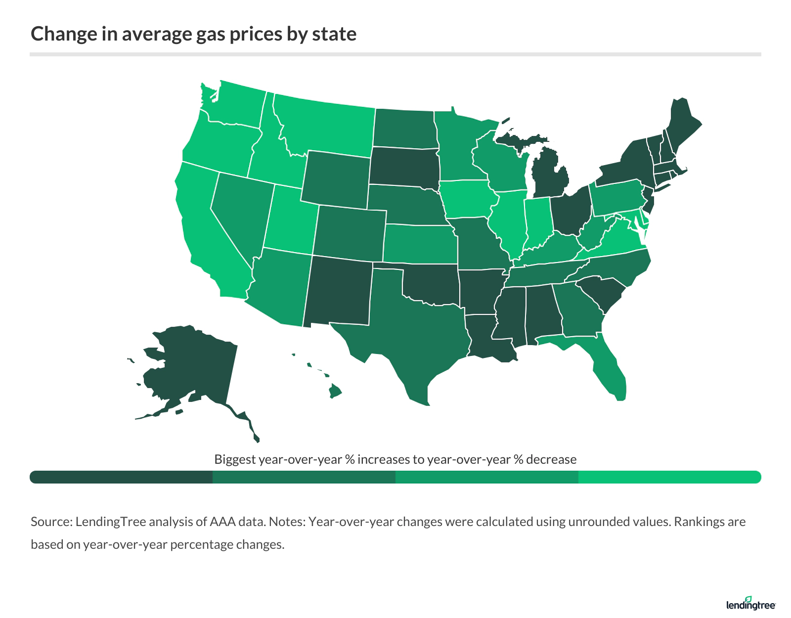 Change in average gas prices by state.